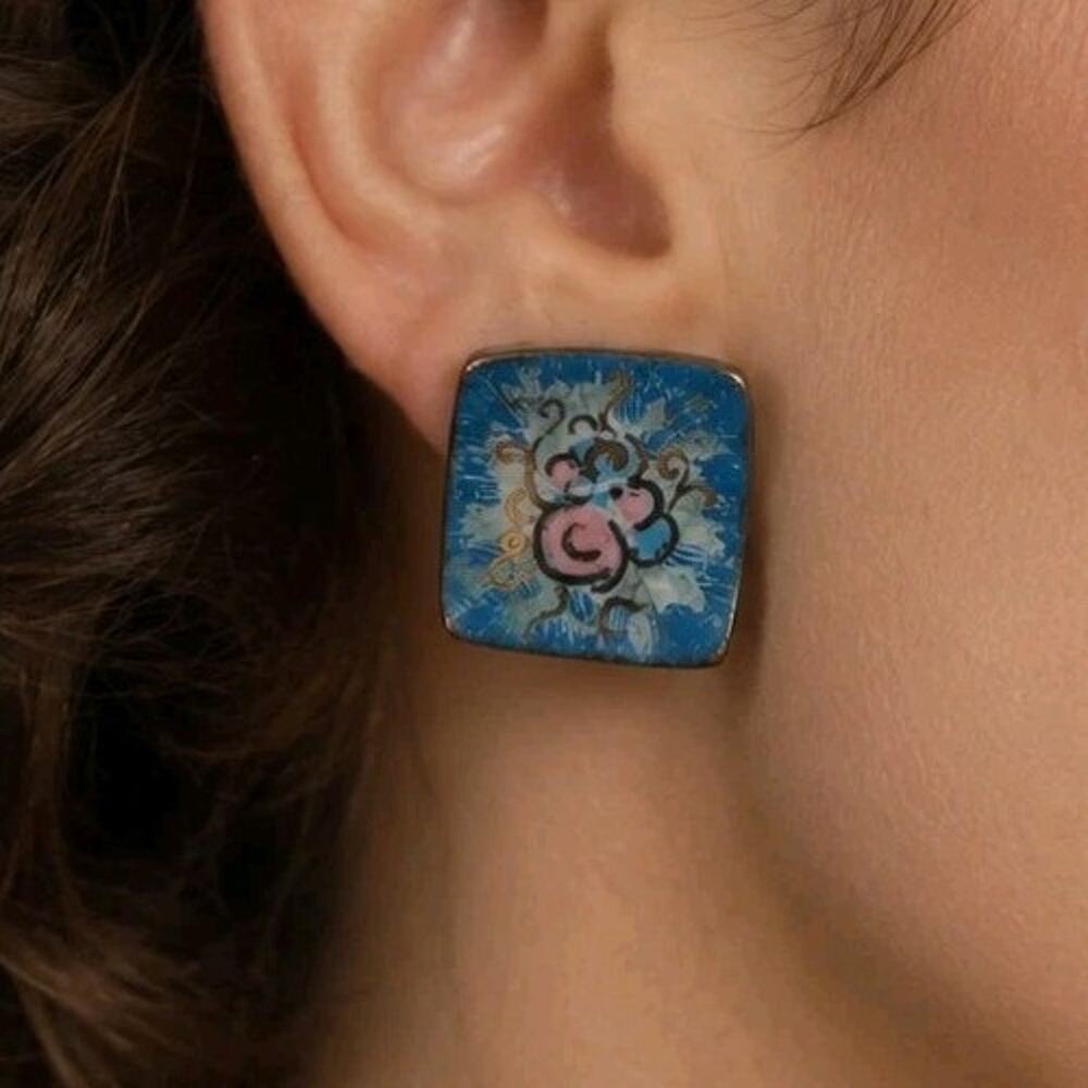 Vintage Blue Copper Enamel Painted Floral Clip On Earrings Mid Century Artisan